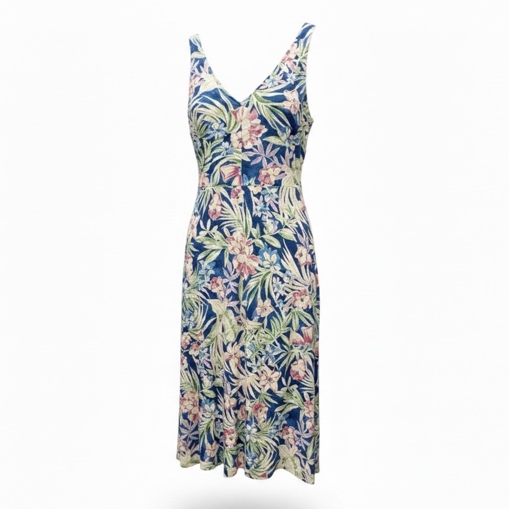 Chaps Denim Floral Cotton XL Midi Dress Flowy Tropical Sleeveless Summer Boho